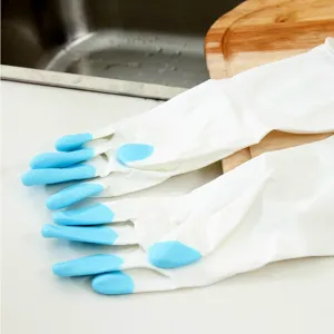 Guanti da pulizia domestica bianchi con punte blu, guanti in gomma impermeabili per cucina.
