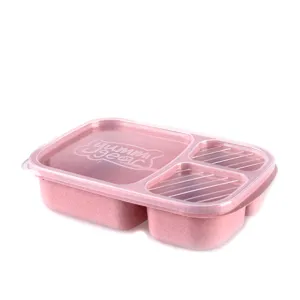 Pink wheat straw 3-compartment bento box food grade reusable lunch container with clear lid