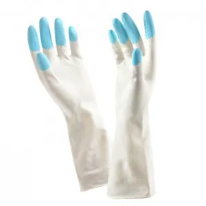 Guanti per pulizia domestica bianchi con dita strutturate blu per il lavaggio in cucina.