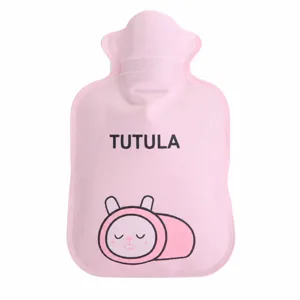 Pink cartoon hot water bag with cute rabbit print, portable hand warmer for daily use, 11x17cm
