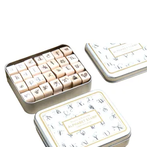 Wooden alphabet stamp set in metal tin box DIY decorative vintage letters stationery craft tool