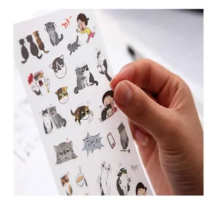 Close-up detail shot of cute black and white cat stickers, transparent PVC material, perfect for journaling.