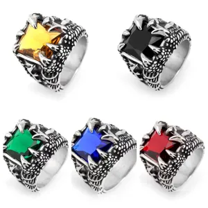 Punk Vintage Dragon Claw Titanium Steel Ring For Men Square Colored Rhinestone Gothic Finger Ring Jewelry Gift