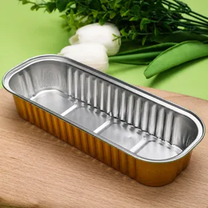 Gold rectangular aluminum foil tray, perfect for baking, BBQ, takeout, and food storage.