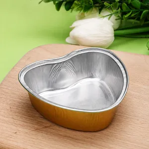 Gold heart-shaped aluminum foil baking box detail view, compact size for baking treats.
