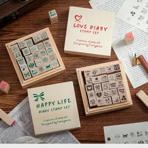Creative Wooden Rubber Stamp Set For DIY Journal Diary Scrapbooking Office Stationery Craft Tool Wooden Box