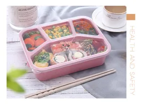 Wheat straw bento box microwave safe square lunch container with compartments and chopsticks.