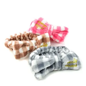 Plush plaid bow headband for washing face, cute makeup hair band soft spa headband.