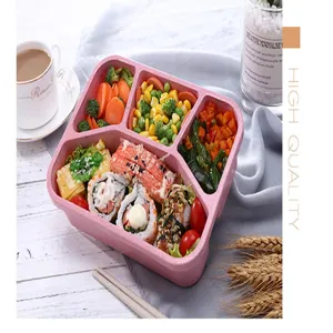 Wheat straw bento box, portable partitioned lunch box for students and office workers with food.
