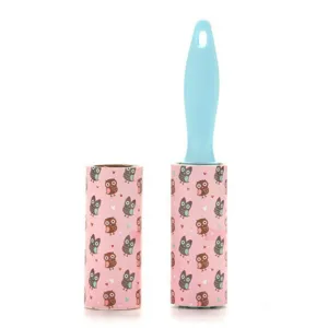 Portable lint roller with cute owl pattern pink refill, ideal for clothes dust removal.