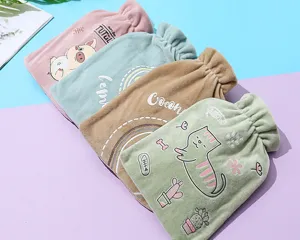 Plush hot water bottle set with cute cartoon patterns, thick soft cover and warm hand design.