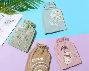 Cute plush hot water bottle with cartoon cover, thick PVC warm hand bag for winter cozy.