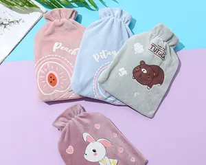 Cute plush hot water bag with soft cover, cartoon animal and fruit print winter warmer.
