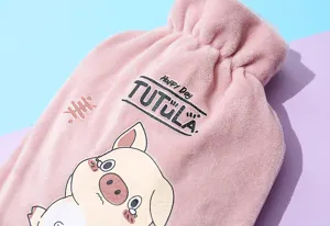 Pink plush hot water bag with cute pig print, thick hand warmer for winter warmth and cozy home use.