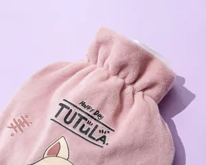 Soft plush hot water bag detail view, cute cartoon pattern and warm cover for winter use.
