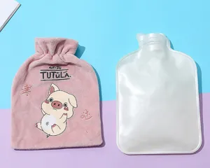 Detail view of the plush hot water bottle cover and translucent PVC inner bag, soft texture.