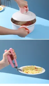 Detailed view of kitchen anti-scald bowl clamp and silicone mitts for safe handling of hot dishes.