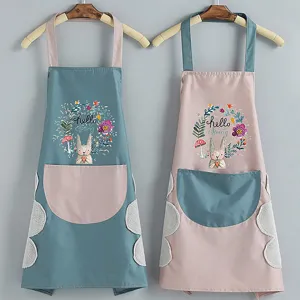 Waterproof kitchen apron with cute cartoon rabbit, wipeable hand towels, couple style cooking apron.