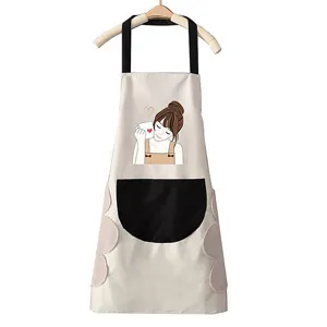 Waterproof kitchen apron with pockets and towel patches, cute cartoon woman cooking chef bib.
