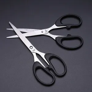 Stainless steel household office scissors with sharp blades and ergonomic black handles.