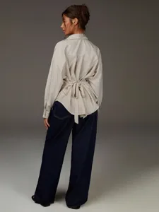 Camicia a maniche lunghe a righe dettaglio retro annodato, stile francese blusa.