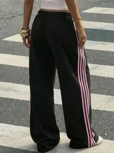 Y2K high waist draped casual sweatpants with pink side stripes for women fashion autumn