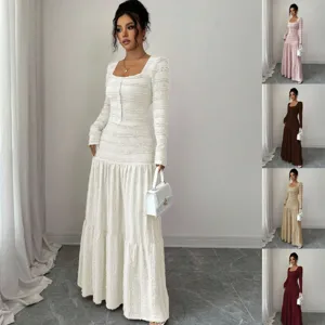 Women Long Sleeve Maxi Dress Casual Solid Color Square Neck Single-Breasted Ruffle Pleated Elegant Long Dress