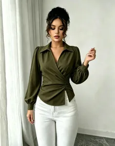 Elegant French lapel V-neck wrap waist-cinching long sleeve blouse for women fashion.
