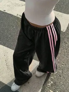 Y2K high waist casual wide leg pants with pink stripes, stylish streetwear sweatpants.