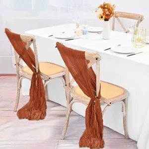 Rust sheer chair sashes for wedding party decoration, elegant rustic chiffon chair ties.