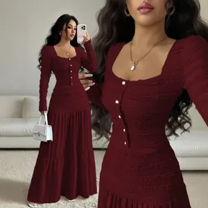 Elegant long sleeve maxi dress for women featuring square neck, buttons, and lace texture.