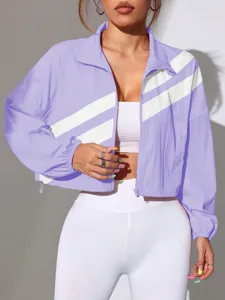 Trendy color-block cropped windbreaker zip-up jacket with stylish diagonal stripes for women.