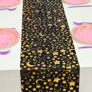 Schwarzer Goldstern Mond Tischläufer für Party Dekoration, elegante Festessen Tischdecke.
