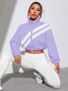 Contrast diagonal stripe crop windbreaker jacket for women, stylish stand collar sun protection.