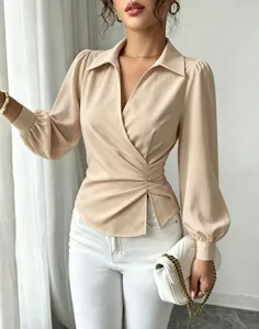 French style lapel V-neck wrap waist long sleeve blouse for women elegant daily wear