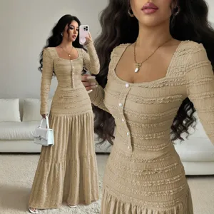 Long sleeve square neck pleated maxi dress with buttons for women casual elegant apparel