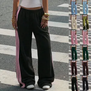 Women Y2K Retro High Waist Elastic Draping Casual Pants Loose Straight Wide Leg Trousers With Side Stripes Streetwear
