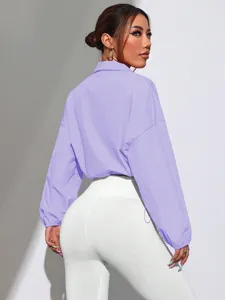Women purple stand collar sun protection jacket fabric detail view, fashion casual outer wear.