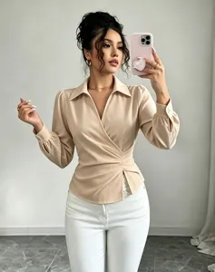 French lapel V-neck wrap waist long sleeve blouse, elegant solid color casual top for women.
