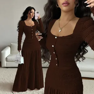 Women's brown long sleeve maxi dress elegant solid color square neck button down casual wear