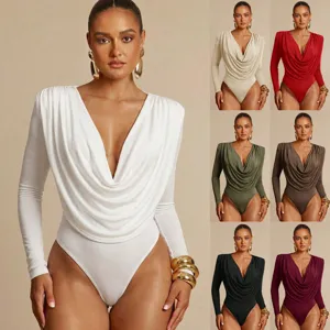 Donna Manica Lunga Drappeggiato Scollo a V Body Vestibilità Slim Tinta Unita Plissettato Sexy Body Clubwear Romper