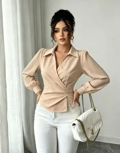 Elegant wrap blouse detail featuring lapel v-neck and waist tie design in stylish beige.