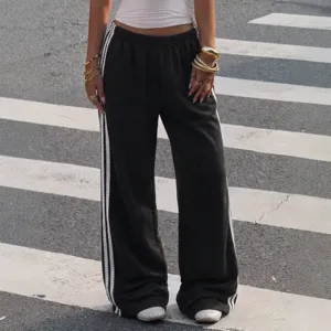 Y2K vintage high waist casual track pants with side stripes, comfortable loose fit for women.
