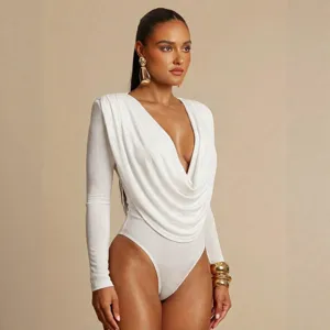 Donna bianco collo sciallato maniche lunghe body vestibilita slim design drappeggiato