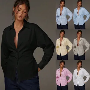Camicetta da Donna Francese con Vita Arricciata Risvolto Scollo a V Aperto Davanti Manica Lunga Casual Larga Tinta Unita A Righe Top