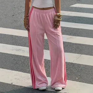 Y2K retro high waist pink casual trousers with side stripes for women main photo.