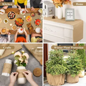 Natuurlijke jute tafelloper en plantenbeschermhoes voor rustieke huisdecoratie en feestjes