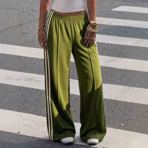 Trendy Y2K high waist loose wide leg track pants with contrast side stripes for women.