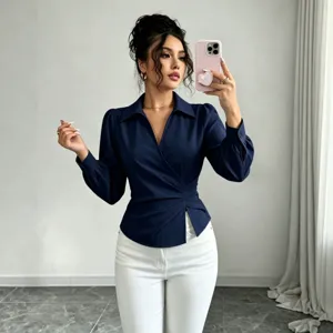 French lapel V-neck wrap waist long sleeve blouse in dark blue for women fashion main style.
