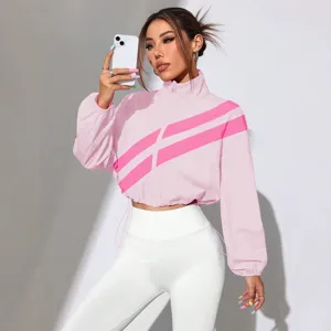Women's Pink Cropped Windbreaker Casual Long Sleeve Zip Up Striped Jacket Streetwear